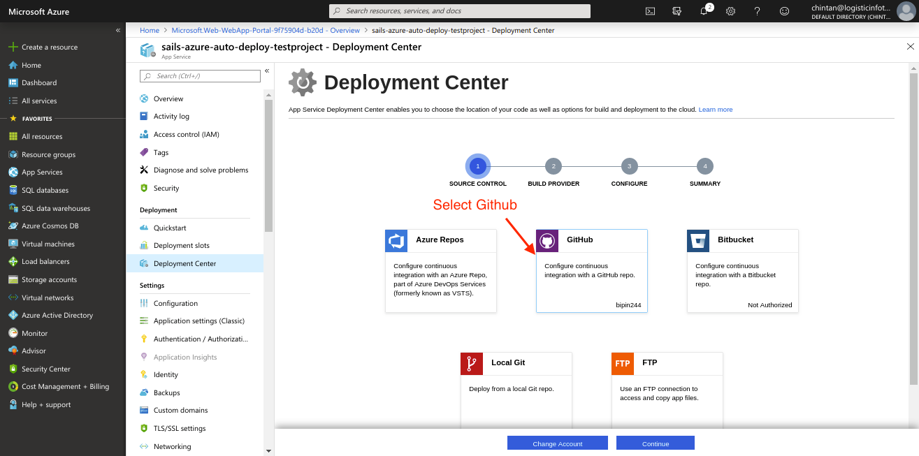 Azure Deployment Centre Github Connection
